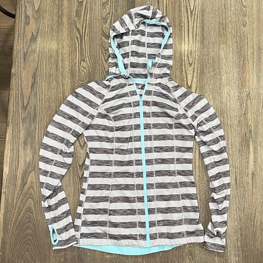 Lukka Zip Up Long Sleeve Hoodie Jacket Striped Gray Black Aqua Size M